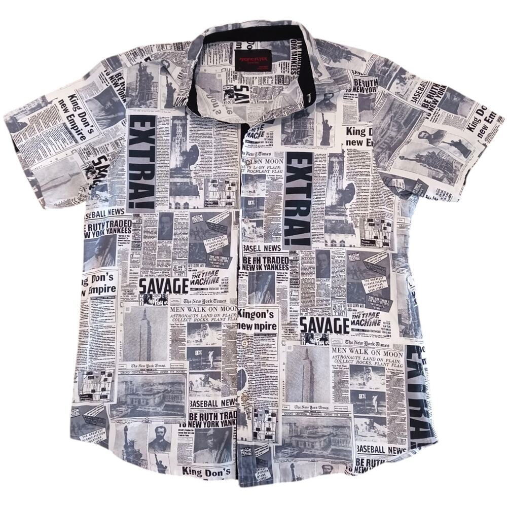 Pacific Flyer Mens Short Sleeve Shirt Button down Black White Newspaper Size L